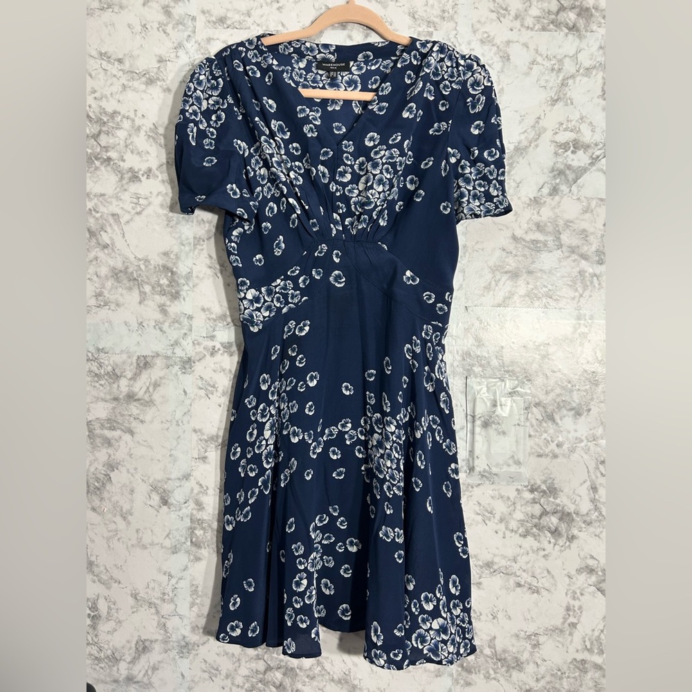 Warehouse Silk Elegant Navy Blue Floral Dress Sz 8